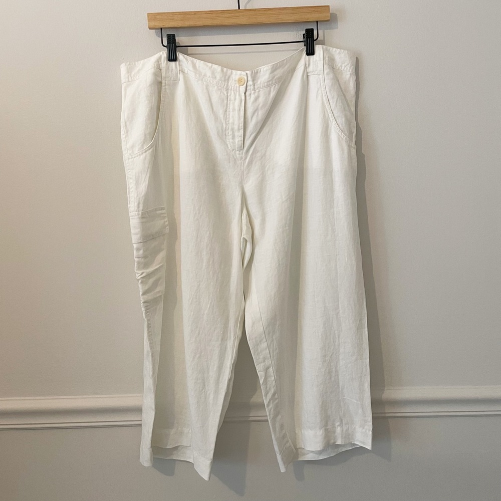 Eileen Fisher 100% Organic Linen Wide Leg Crop Cargo Pants White Size XL Resort‎